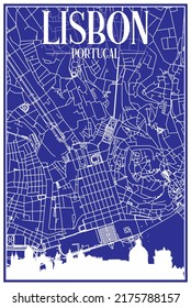 Technical drawing printout city poster with panoramic skyline and hand-drawn streets network on blue background of the downtown LISBON, PORTUGAL