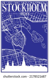 Technical drawing printout city poster with panoramic skyline and hand-drawn streets network on blue background of the downtown STOCKHOLM, SWEDEN