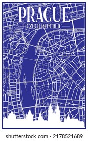 Technical drawing printout city poster with panoramic skyline and hand-drawn streets network on blue background of the downtown PRAGUE, CZECHIA
