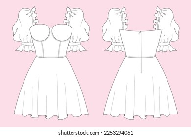 Technical Drawing of Puff Sleeve Bustier Mini Dress. Fashion illustration, fashion template, flat drawing, illustration. Front and back view. Fashion design for girl.