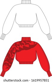 Technical drawing of pullover. Fashion sketch of red warm sweater. Blueprint of fashion design