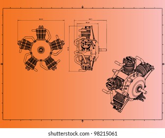 technical drawing radial cylinder engine