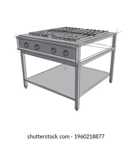 Technical Drawing Of A Restaurant Cooker In An Architectural Style. Schematic Vector Illustration Of Commercial Kitchen Roaster On White Background