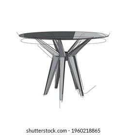 Technical drawing of a restaurant round table in an architectural style. Schematic vector illustration of commercial kitchen table with glass top on white background