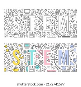 Technical Drawing Robotics Training. Stem And Stem Symbols In A Rectangle. Outline Stem Concept. Science, Technology, Engineering, Mathematics Education