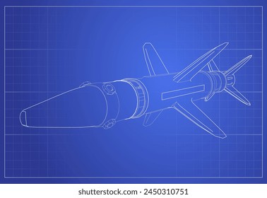 Dibujo técnico de un cohete, líneas blancas sobre un fondo azul. Gráfico de papel, diagrama de ingeniería. Ilustración vectorial