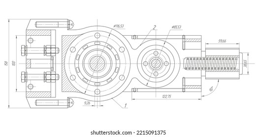 Dibujo técnico .Mecanismo de rotación de piezas redondas .Ilustración vectorial .