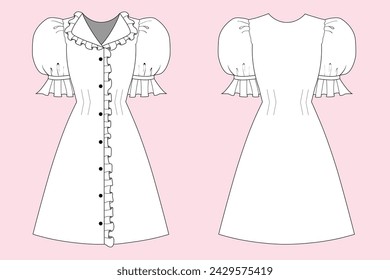 Technical Drawing of Ruffle Collar Midi Dress. Front and back view. Flat design clothes.