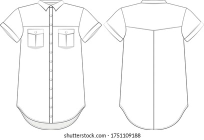 technical drawing for a sample of a men's shirt with two pockets and a short sleeve