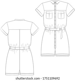 technical drawing for a sample of women's short summer overalls