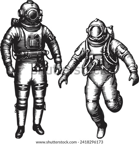 Technical drawing with scratchboard depicting a solid white background of a vintage diver in a Hausen system diving suit XIX c, working on the bottom.