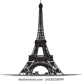  A technical drawing with scratchboard illustration of a dieselpunk Tour eiffel at Paris