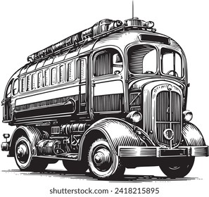  A technical drawing with scratchboard illustration steampunk bus, have not real prototype