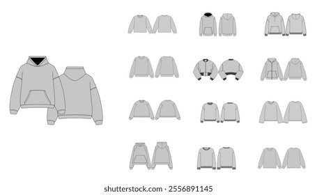 Technical Drawing Set of Sweatshirts with Front and Back Views - Men, Woman, Unisex Hoody CAD Mockups, Streetwear Sweatshirt Collections Technical Fashion Illustration - Zipper Sweater Flat Templates 