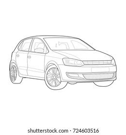 Technical drawing of short car. Vector illustration. Black and White. Lines only