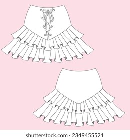 Technical drawing of short double ruffle skirt for girl. Fashion design for girl. Flat design, front and back view.