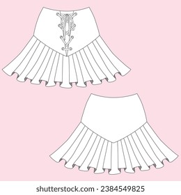 Dibujo técnico de falda de espuma corta para niña. Diseño de moda para chicas. Diseño plano, vista frontal y trasera. 