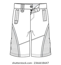 A technical drawing of shorts design elements such as waistband type, closure method, pocket placement, and  additional features The drawing provides a comprehensive visual representation of the short