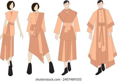 Technical drawing showcases a stylish couple adorned in fashion inspired by the graceful silhouettes of kimonos, exuding timeless elegance and beauty.