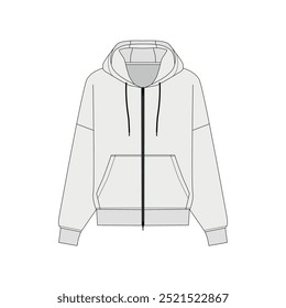 Technical drawing of a simple long sleeve hoodie with zipper closure. Sketch unisex hooded sweatshirt with pocket, vector. 