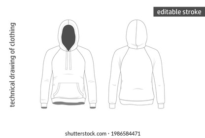 Technische Zeichnung der Schuhbekleidung. Sweatshirt rühmt sich in Vektorgrafik. Bearbeitbarer Strich. Das Bild ist einzeln auf weißem Hintergrund.