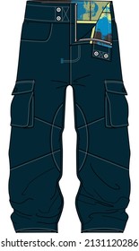 Technical drawing, sketch of men's jeans. Stitching and opening details.