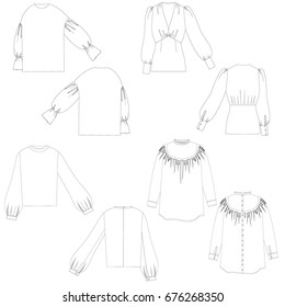 technical drawing sketch set of blouse  vector illustration 