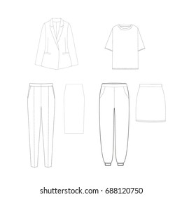 technical drawing sketch set of suits trousers t-shirt skirt jacket vector illustration 