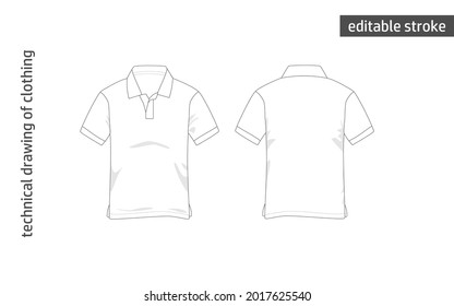 Technical drawing sketch of shirt with collar and short sleeve. Shirt short sleeve mockup in vector. Editable sleeves and collar with edging. Editable stroke. Image isolated on white background.