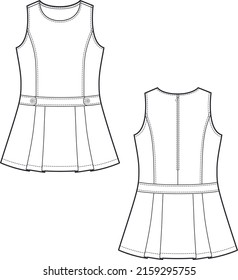 Technical Drawing of a Sleeveless Women Blouse with Hooks with a Zipper on the Back. Womens Vintage Peplum Blouse Top Shirts. Round neck.