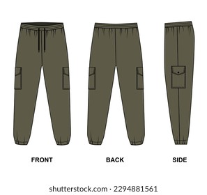 Technical drawing of sports trousers with patch pockets, khaki. Cargo pants template front, back and side view. Sketch joggers with pockets in military style, vector.