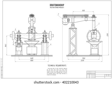 technical drawing of the stand for maintenance and repair of the rear axle of the car, construction plan project with horizontal frame isolated on the white background. stock vector illustration