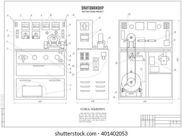 technical drawing of the stand for servicing car generators, plan construction project with horizontal frame isolated on the white background. stock vector illustration