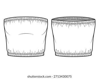 Dibujo técnico de un top sin tirantes, mostrando vistas delanteras y traseras para el diseño de moda y la creación de ropa.