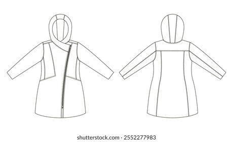Dibujo técnico de un elegante y moderno abrigo con capucha con cremallera frontal, paneles estructurados y un ajuste a medida.