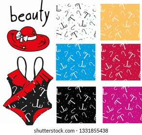technical drawing of swimsuit. anchor pattern and color catalog. summer collection