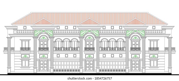 Technical drawing of symmetrical classic building with 8 tall columns, 10 windows, 6 six wooden doors, balcony, balustrade and its ornaments.