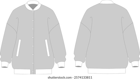 A technical drawing template for a possible oversized bomber jacket with buttons. Illustration. Front and back view, Black and white color, Unisex, Oversized.