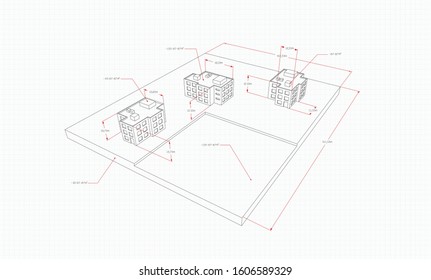 Technical drawing of three houses, perspective, on a plane with size indicators in red, a sheet of paper in a cage