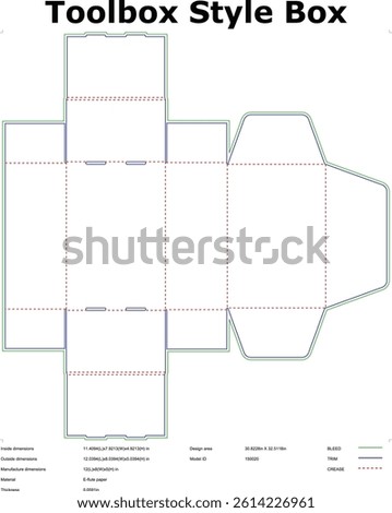 Technical drawing of toolbox style box packaging template blueprint with dimensions for die cutting and manufacturing