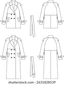 technical drawing of a trench coat with raglan sleeves and yoke, short and long length front and back view