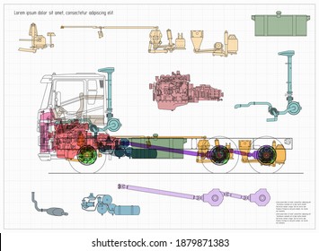 Technical drawing truck. Detailed execution of the main parts