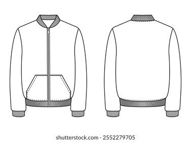 Dibujo técnico de una chaqueta bomber unisex con cierre de cremallera frontal, cuello acanalado, puños y dobladillo. Incluye bolsillos y se muestra en vistas delanteras y traseras.