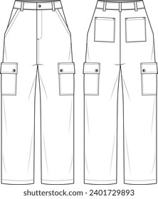 Technical drawing of unisex cargo trousers. Relaxed fit. Flat front and back, white style. Female, male unisex CAD mockup.