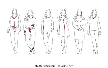 technical drawing vector of fashion sketch mannequin wearing winter pajamas and nightgown with white background