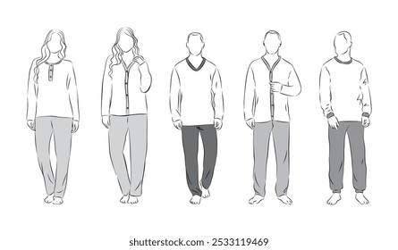 technical drawing vector of fashion sketch male and female mannequin wearing winter pajamas and nightgown with white background