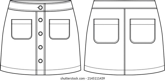 Technical drawing vector. Fashion skirt with front buttons and pockets. Fashion illustration