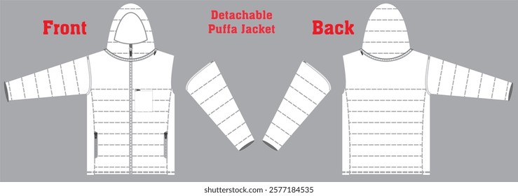 Technical drawing. Warm winter hoodie. Puffy jacket. Detachable hood.Front zipper closing