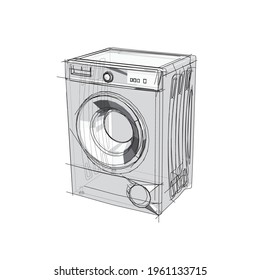 Technical drawing of a washing machine in technical style. Schematic vector illustration of a washer on white background