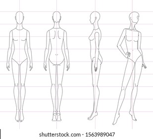 Technical drawing of woman's figure sketch. Vector thin line girl model template for fashion sketching. Woman's body. The position of the hand at the waist. 10 eps design and separate layers.